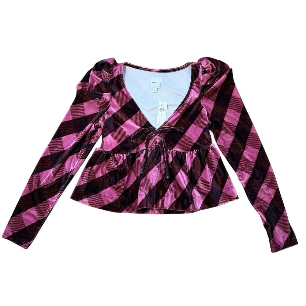 Maeve Anthropologie Velvet Plaid Babydoll Top Size Small Pink Check Cottagecore